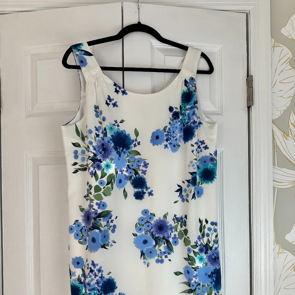 Elaine Rose Floral Dress - Lined, Sleeveless, White and Blues